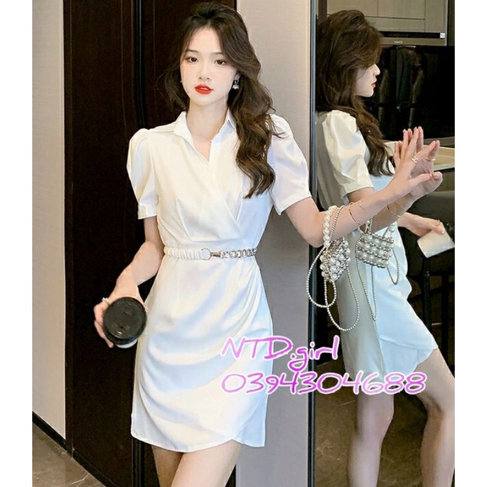 Hàng nhập - Đầm dáng ôm lụa trắng cổ sơ mi siêu xinh, váy body ngực xếp dự tiệc hay công sở đều xinh