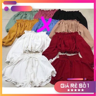 🥝 16S18B1 Set áo voan trễ vai quần bèo màu pastel dịu dàng