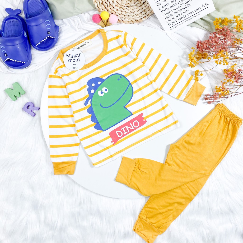 [SALE] Bộ Dài Tay Bé Gái, Bé Trai Minky Mom Vải Thun Lạnh Kẻ Sọc Dễ Thương, Bộ Quần Áo Trẻ Em Thu Đông MKMTD2103