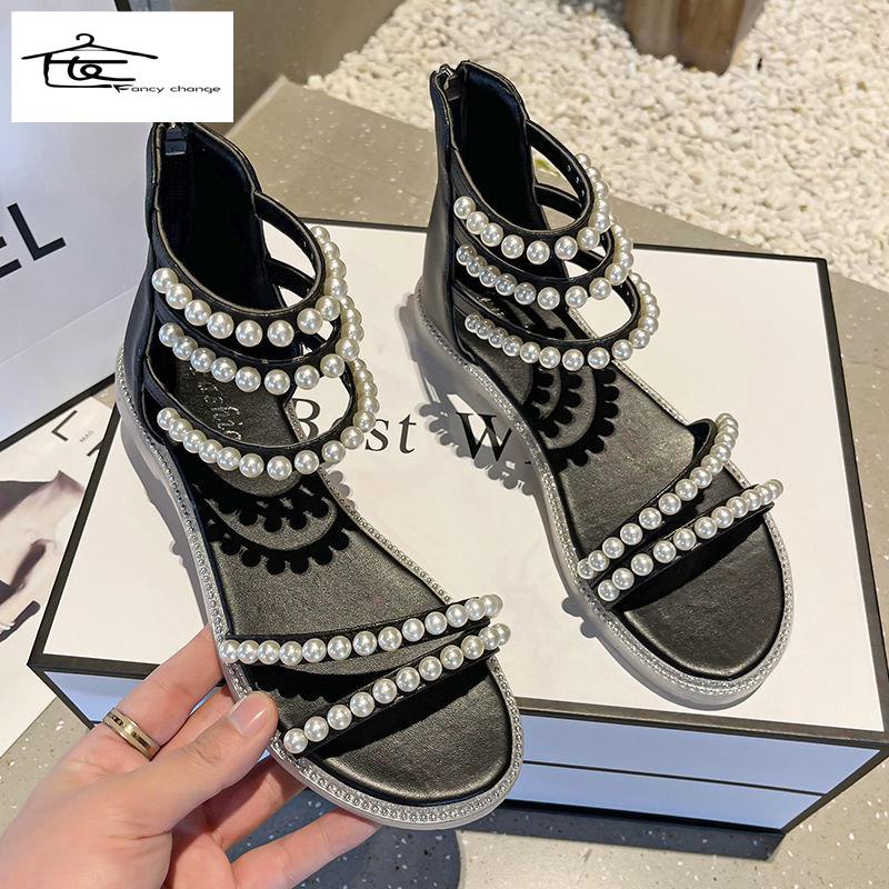 Giày Sandal Đế Bằng Đính Đá Thời Trang Mùa Hè Phong Cách Hàn Quốc Cho Nữ