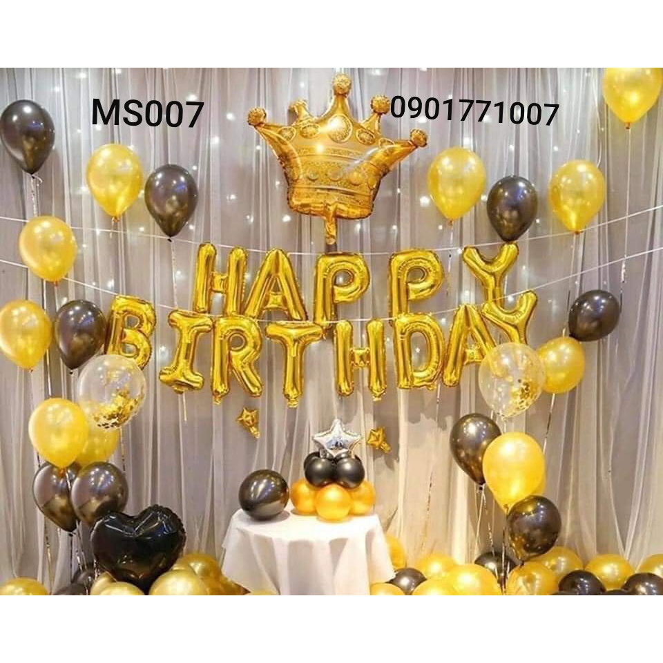 Set bóng trang trí sinh nhật tone màu vàng gold đen kèm đèn led tặng kèm dải dây kết bóng thành chùm, bơm, băng dính
