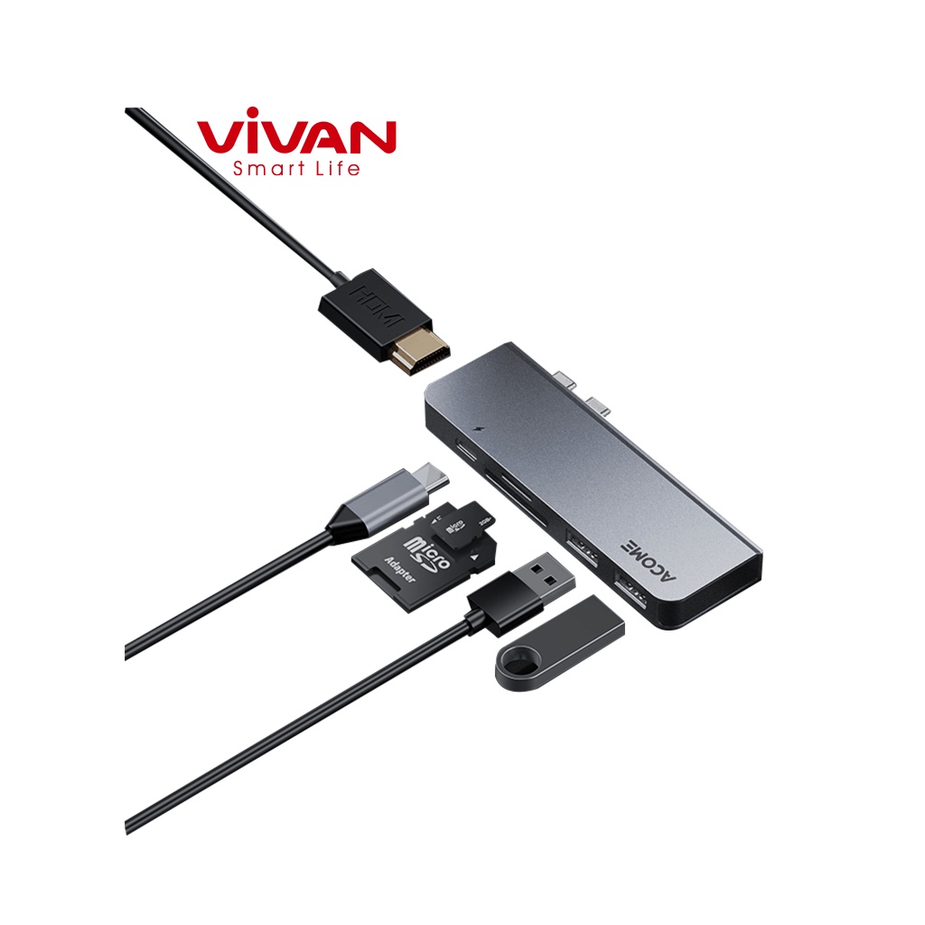 HUB Chuyển Đổi Chính VIVAN AHT600 Chất Liệu Kim Loại Cao Cấp USB 3.0 Dành Cho Macbook