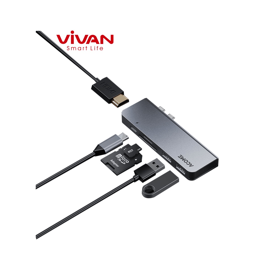 [Mã ELMALL10 giảm 10% đơn 500K] HUB Chuyển Đổi Chính VIVAN AHT600 Chất Liệu Kim Loại Cao Cấp USB 3.0 Dành Cho Macbook