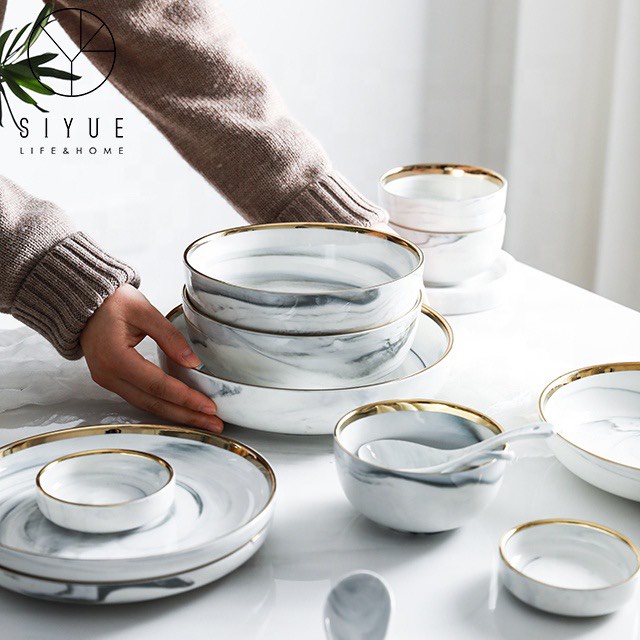 Dĩa sứ, đĩa sứ tròn vân đá ceramic viền vàng sang trọng cho bữa ăn gia đình, trang trí bàn ăn 20 - 26 cm