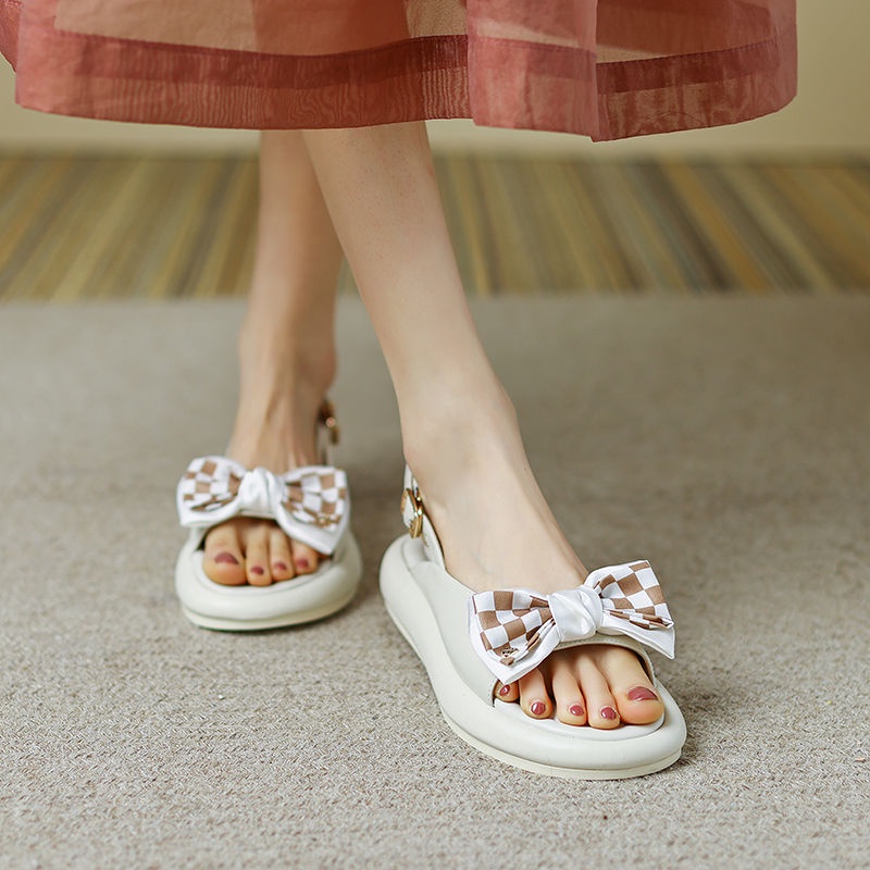 Oeggeo shop Xăng đan Đế Bằng Kẻ Sọc Ca Rô Đính Nơ Có Một Nút Cho Nữ