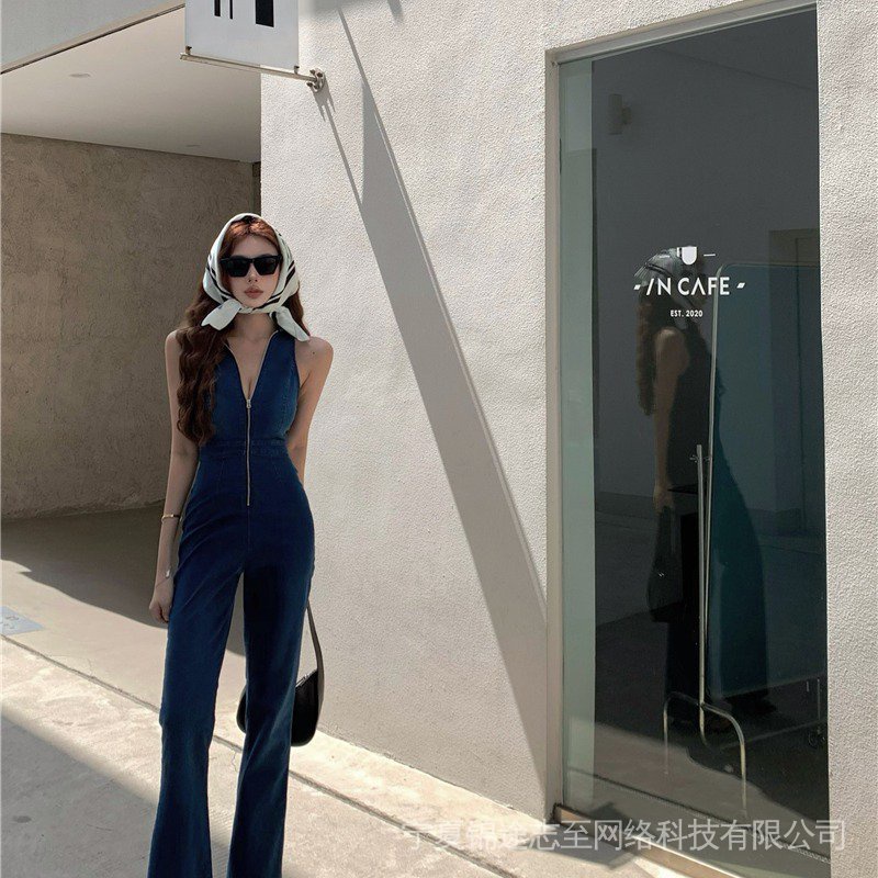 High quality · Nini  denim stretch jumpsuit women's summer hot pants Korean style sense zipper sleeveless vest straight long pants