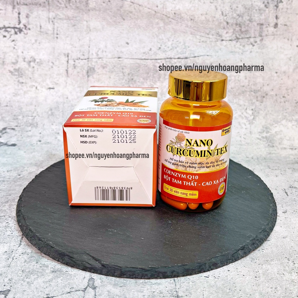 Viên uống dạ dày Nano curcumin TEX, bột tam thất, cao xạ đen, giảm viêm loét dạ dày tá tràng, đầy hơi, khó tiêu-chai 30v