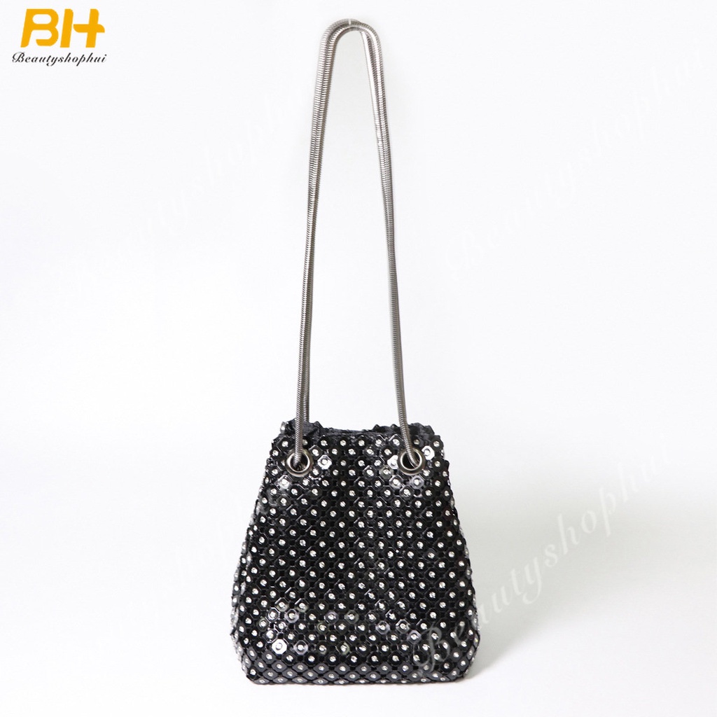 Túi Xách Bucket Dây Rút Tấm Nhôm Đính Đá Thời Trang Mới 2022