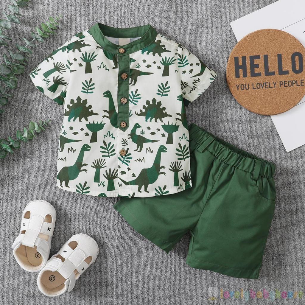 Set Đồ Mùa Hè 2 Món Gồm Áo Sơ Mi Cài Nút Tay Cộc + Quần Ngắn Lưng Thun Cho Bé Trai
