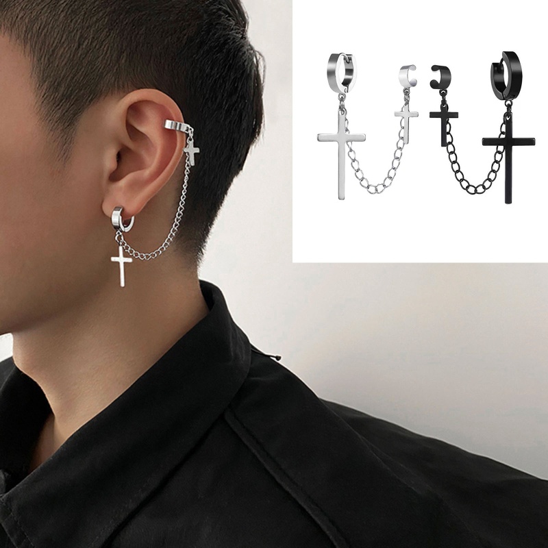 Bông Tai Dạng Kẹp Hình Chữ Thập Phối Dây Xích Tua Rua Phong Cách Punk