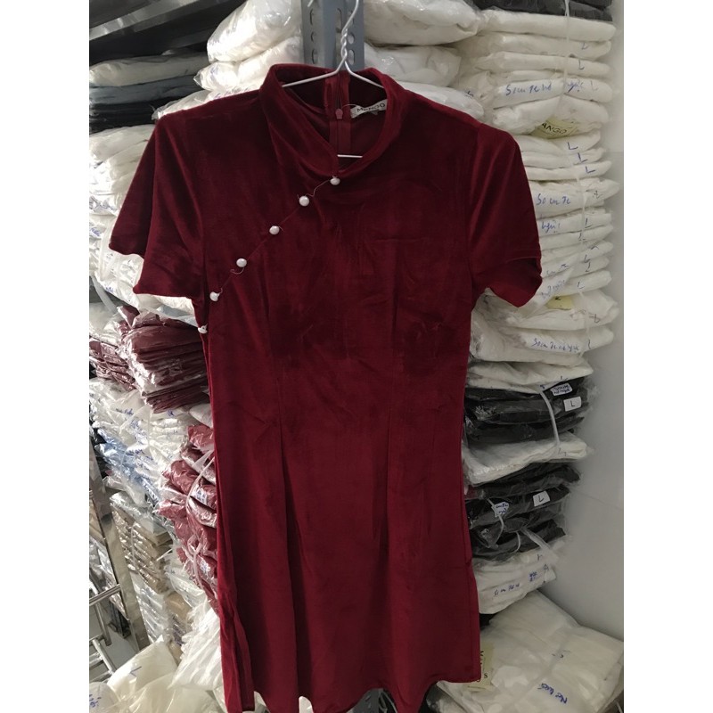 Đầm nữ thiết kế đầm nữ nhung đỏ sườn xám mặc diện tết dự tiệc dạo phố cực xinh | BigBuy360 - bigbuy360.vn