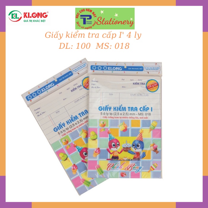 Giấy kiểm tra Klong cấp I - 4 ô ly to, 5 ô ly to  mm; MS: 011, 013