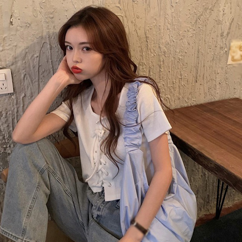 Áo Thun Croptop Dệt Kim Tay Ngắn Màu Sắc Đơn Giản Phong Cách Hàn Quốc Cho Nữ