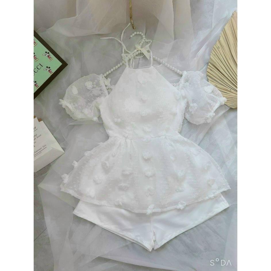 Set Bộ Đồ Nữ Cổ Yếm, Sét Bộ Đi Chơi Họa Tiết Bông Phối Quần Ống Rộng 3 Màu ( HỒNG, BE, TRẮNG) Sang Chảnh, Duyên Dáng