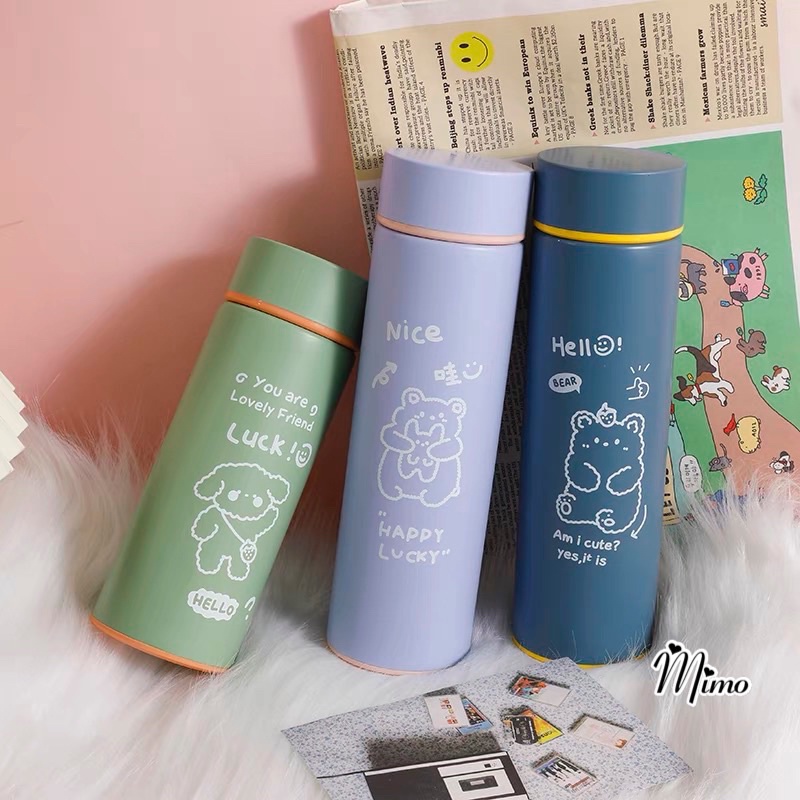 Bình giữ nhiệt cute họa tiết hoạt hình gấu, thỏ, bình inox an toàn chắc chắn dung tích 450ml màu sắc năng động trẻ trung
