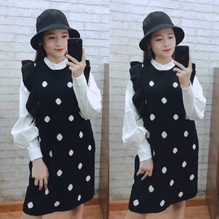 Sé yếm len kèm áo sơmi nhung