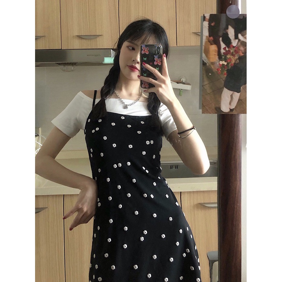 Váy 2 dây, đầm hai dây ulzzang, dáng ngắn năng động, Váy xòe hai dây chiết eo màu đen