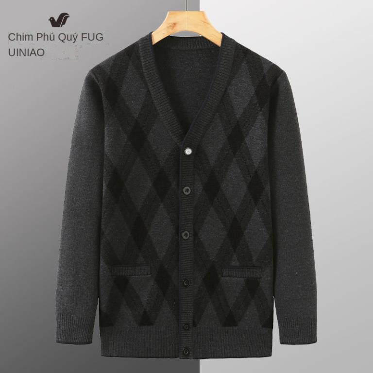 Áo len nam cardigan cho nam trung niên và cao tuổi, áo khoác bố cổ chữ V thu đông (*1