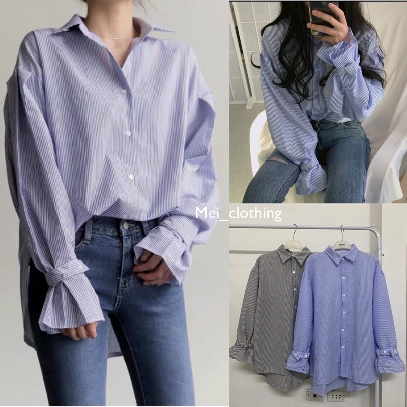 [Ảnh thâtk/video] Áo sơmi kẻ sọc Ulzzang phối Tay Xoè cách điệu có thể điều chỉnh