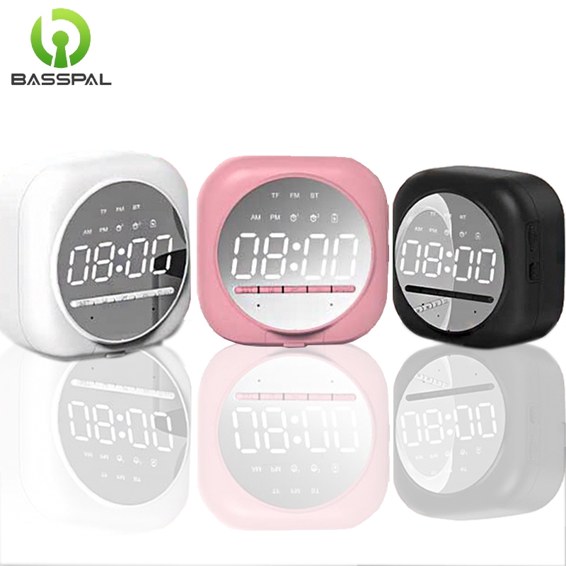 Loa Bluetooth Basspal Q12 Mặt Tráng Gương Đồng Hồ LED Hỗ Trợ Thẻ TF Kiêm Máy Nghe Nhạ