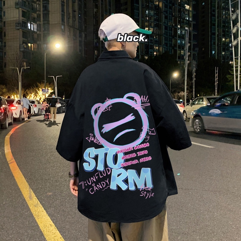 Sơ mi hàn quốc unisex from rộng nam nữ , sơ mi nam nữ vải voan lụa mịn mát free size 40kg - 70kg in gấu storm