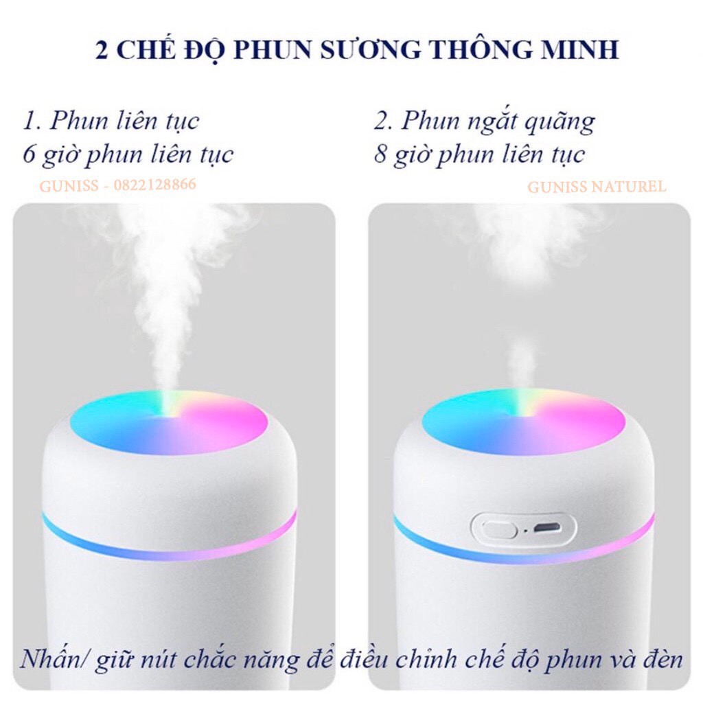 Máy Xông tinh dầu phun sương khuếch tán tinh dầu mini tạo ẩm không khí H20 Humidifier 300ml - 2 chế độ phun, đèn ngủ LED