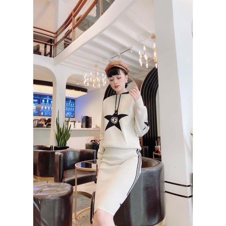 BỘ VÁY LEN SUÔNG+ ÁO LEN TAY DÀI CÓ NÓN PHỐI HÌNH NGÔI SAO 301121