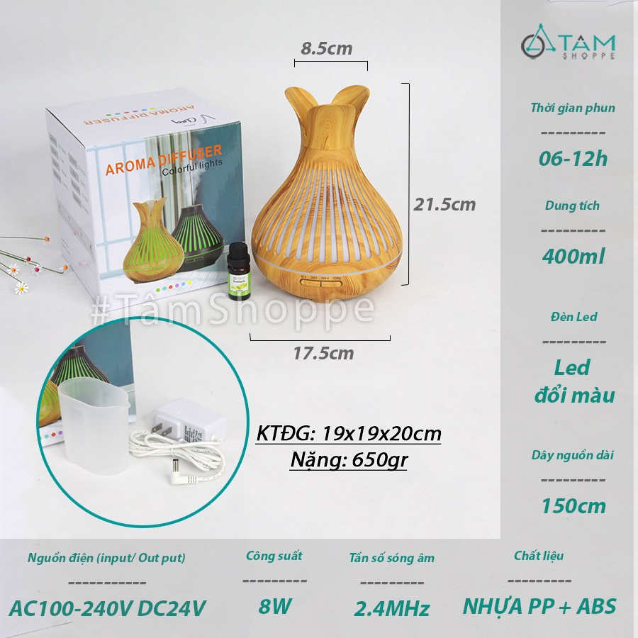 [TẶNG TINH DẦU]Máy khuếch tán tinh dầu Tulip 3 cánh vân gỗ phun khói siêu âm MKTTD-21