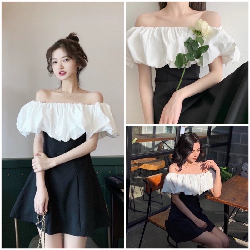 Váy Trễ Vai Màu Đen Bèo Vai Trắng Khoá Sườn Cực Xinh Tôn Dáng