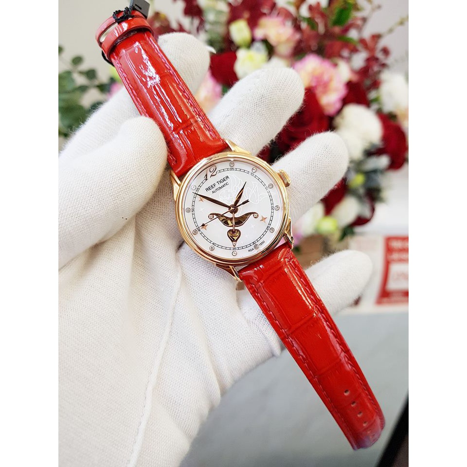 Đồng hồ nữ cao cấp Reef Tiger RGA1550 PWRD Trắng dây đỏ