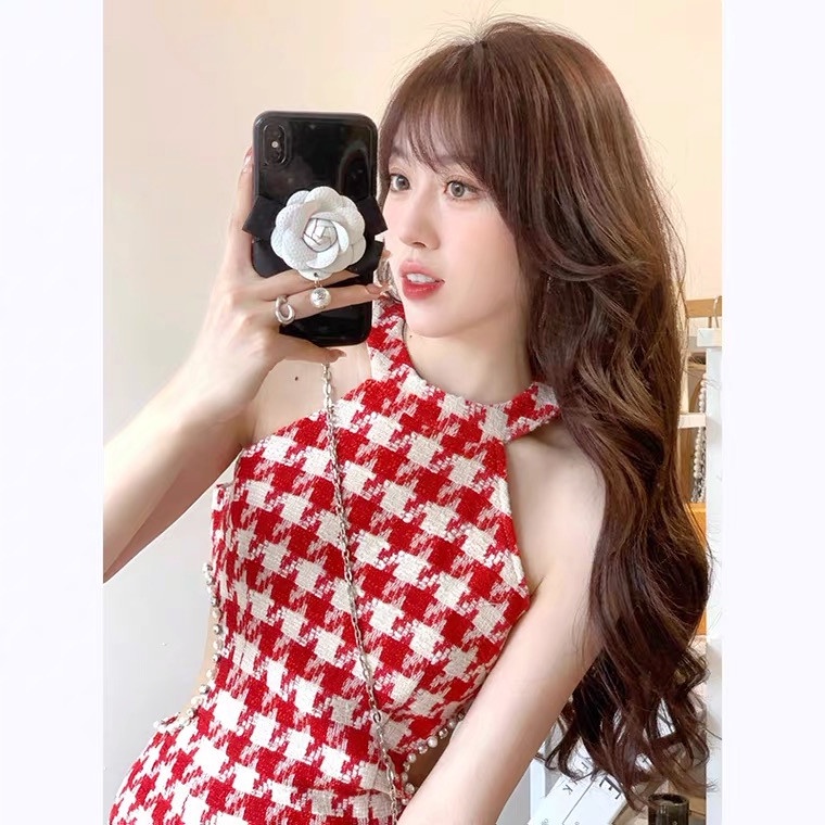 Váy kẻ đỏ trắng đầm thiết kế siêu sexy ôm dáng cực đẹp phong kách phát hot thanh lịch tự tin V005 mới