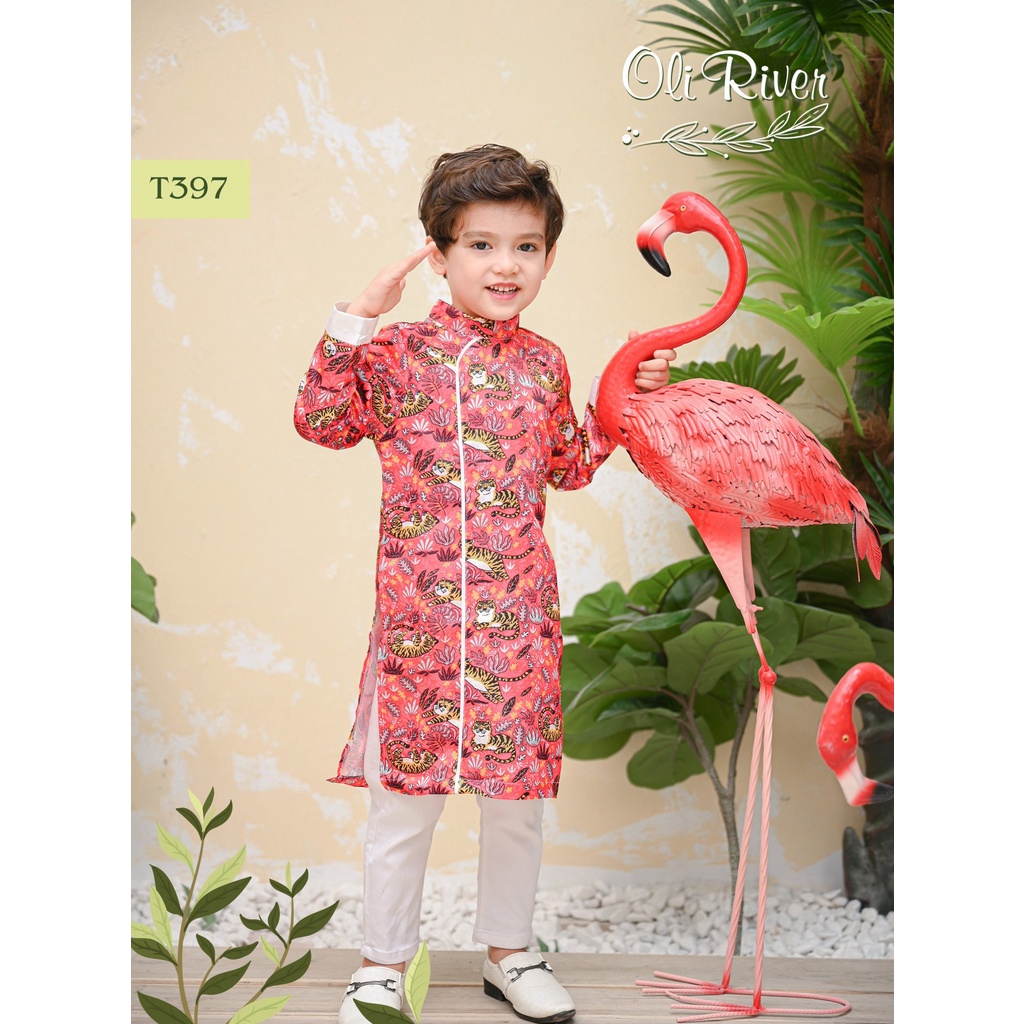 Áo dài bé trai OLI RIVER thiết kế cách tân họa tiết hổ vàng 2 màu xanh đỏ cực xinh cho bé - T397