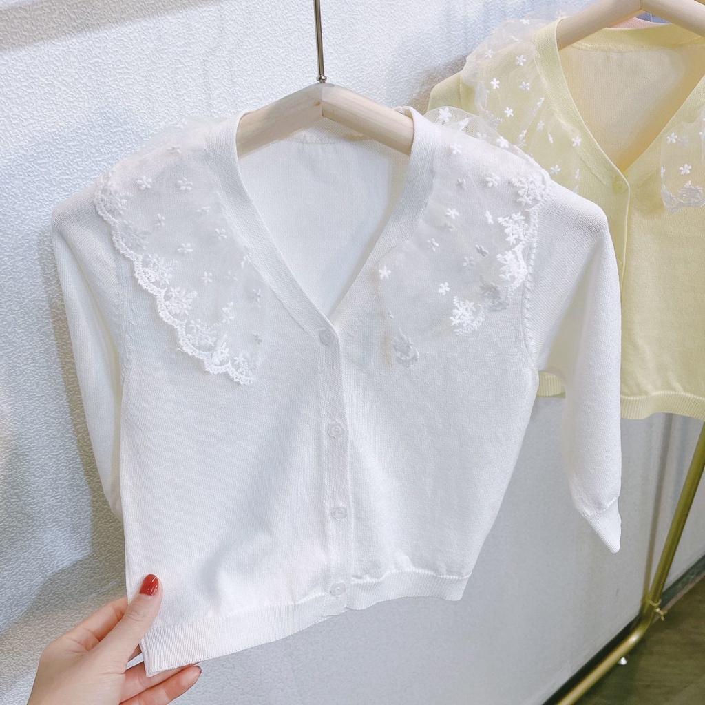 Áo Khoác Len Cardigan Mỏng Phối Ren Xinh Xắn Cho Bé Gái