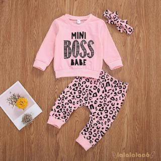Bộ Áo Thun Dài Tay In Họa Tiết Báo Hồng + Quần Dài + Băng Buộc Đầu Cho Bé Gái