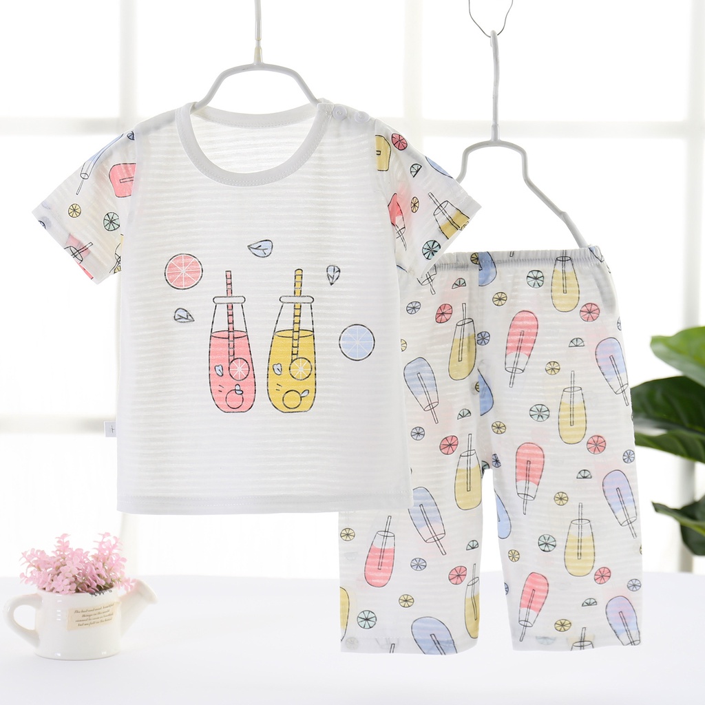 Set Đồ Ngủ 2 Món Gồm Áo Tay Cộc In Hoạt Hình + Quần Cotton Thoáng Khí Cho Bé Sơ Sinh