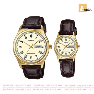 Đồng Hồ Cặp Đôi Casio MTP-V006GL-9B Và LTP-V006GL-9B Dây Da - Mặt tròn màu vàng EMSI.VN