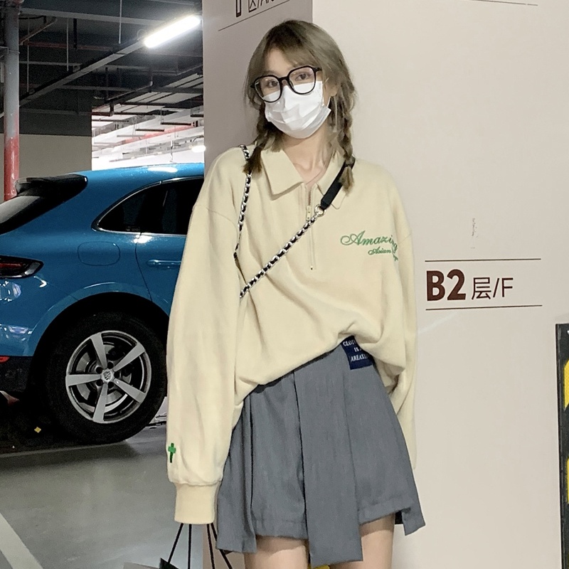 Áo Nỉ Nữ Dài Tay Cổ Bẻ Thời Trang Hàn