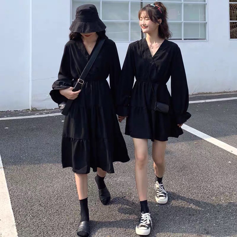 Váy babydoll nữ dáng dài ngắn trắng đen đôi bạn thân E2 thời trang nữ emmei | BigBuy360 - bigbuy360.vn