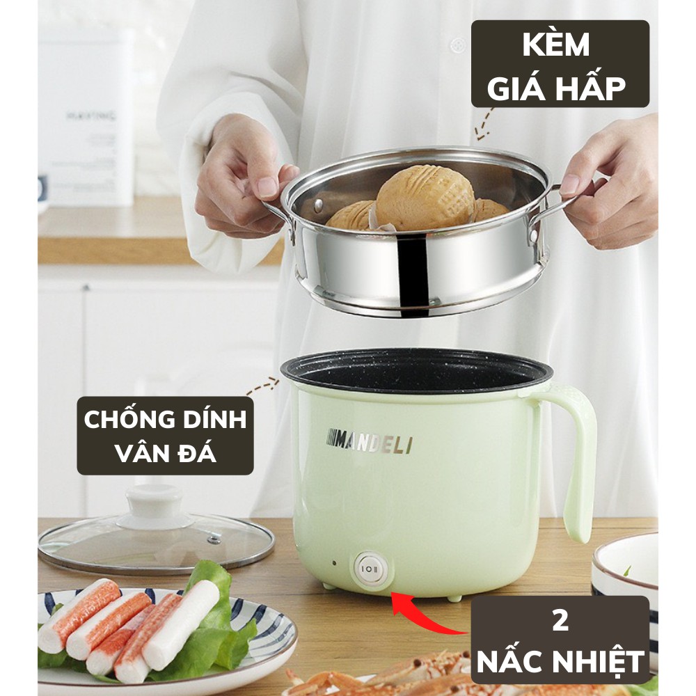 Nồi Nấu Cơm Mini Mandeli, Ăn Lẩu, Chiên, Xào, Hấp - Nồi Chống Dính Vân Đá Dung Tích 1,8l Kèm Giá Hấp Đa Năng