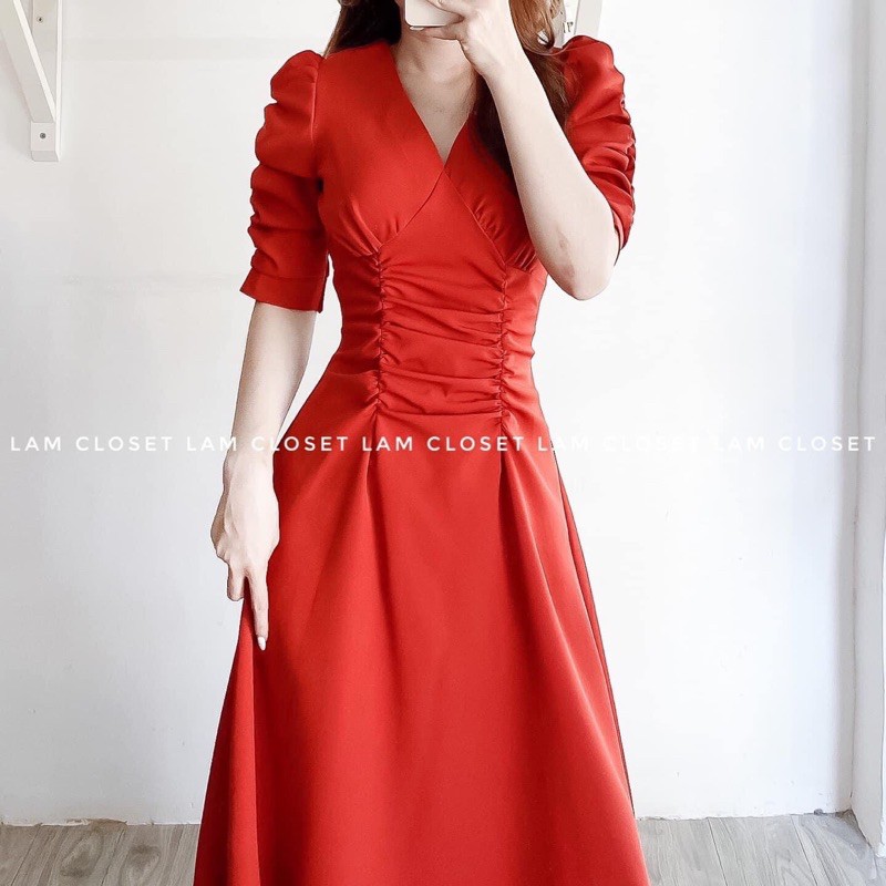 Đầm suông❤️Hình thật 100%❤️Đầm suông cổ V nhún 2 đường