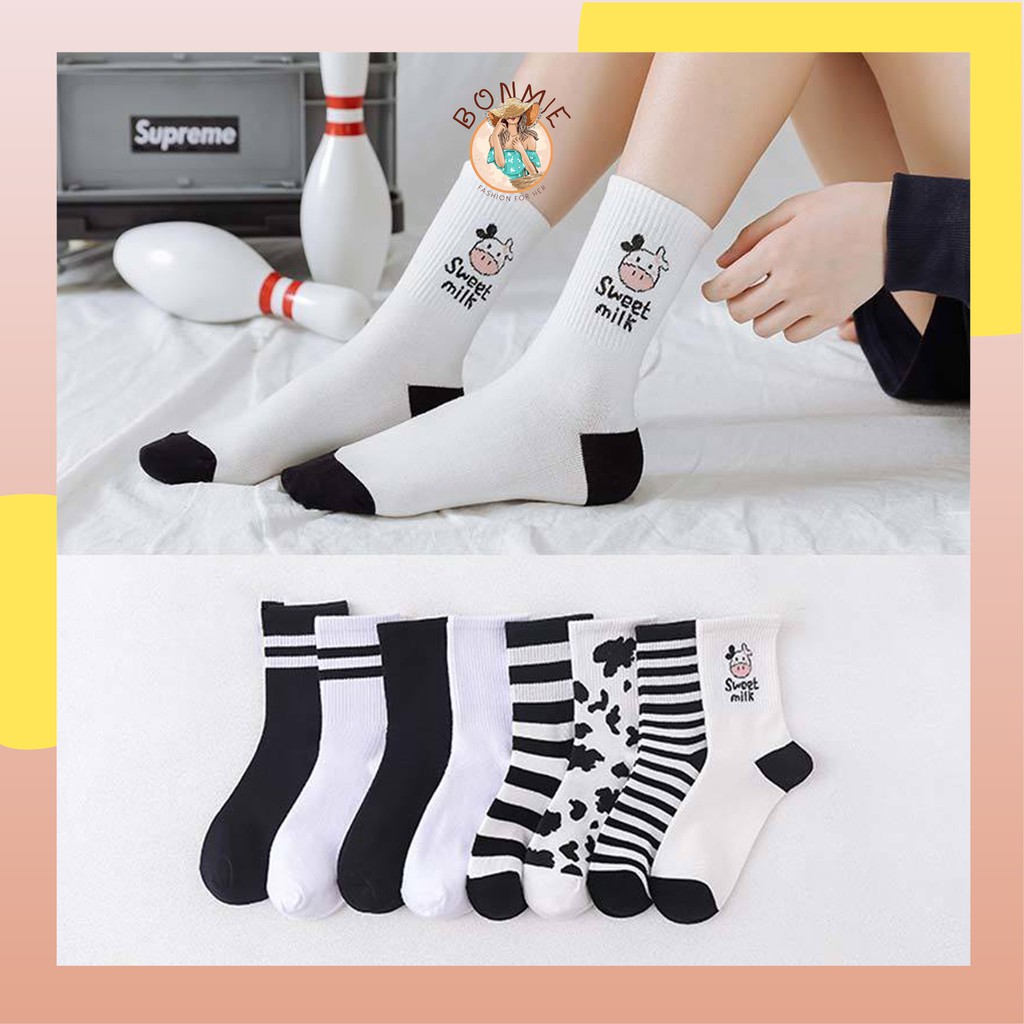 Tất Nam Nữ Cổ Cao Unisex Họa Tiết Bò Sữa chất liệu Cotton kháng khuẩn mềm mại; T29 - BONMIE