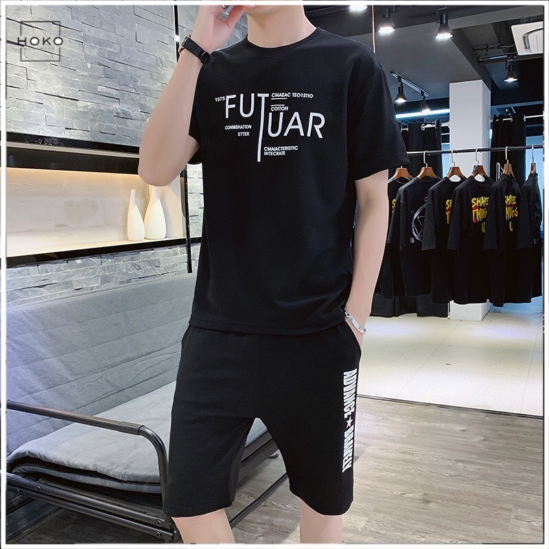 Bộ hè thể thao nam chất cotton Co Dãn, kiểu dáng Hàn họa tiết trẻ trung năng đông. bộ quần áo nam cộc tay mặc nhà.