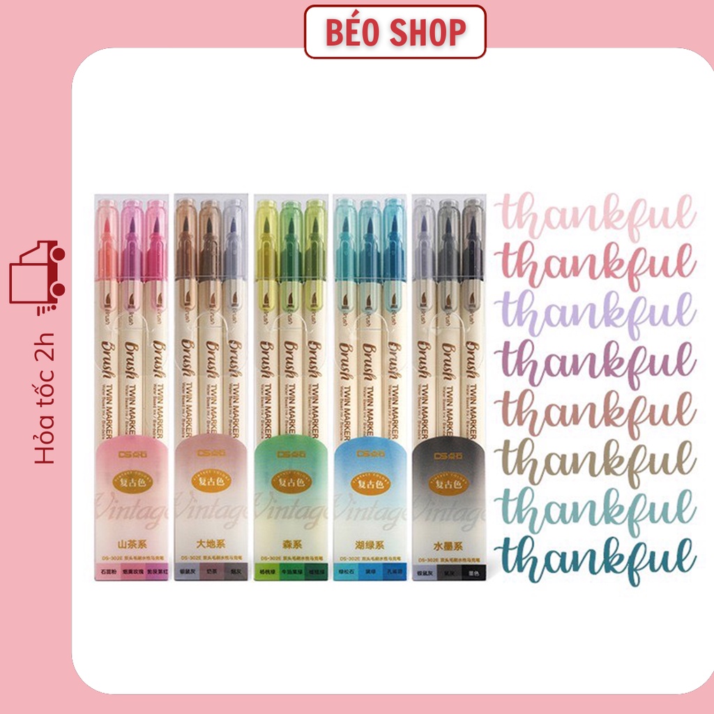 Set 3 bút brush pen 2 đầu Béo Shop nhiều màu dùng viết tiêu đề marker calligraphy B19