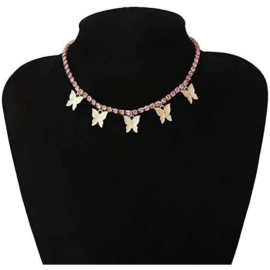 Vòng Cổ Choker Mặt Hình Bướm Đính Đá Pha Lê Hồng Lấp Lánh Sang Trọng