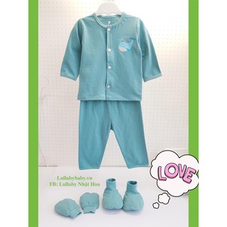 Set sơ sinh Lullaby, bộ quần áo cài giữa kẻ ngang kèm bao tay chân cao cấp