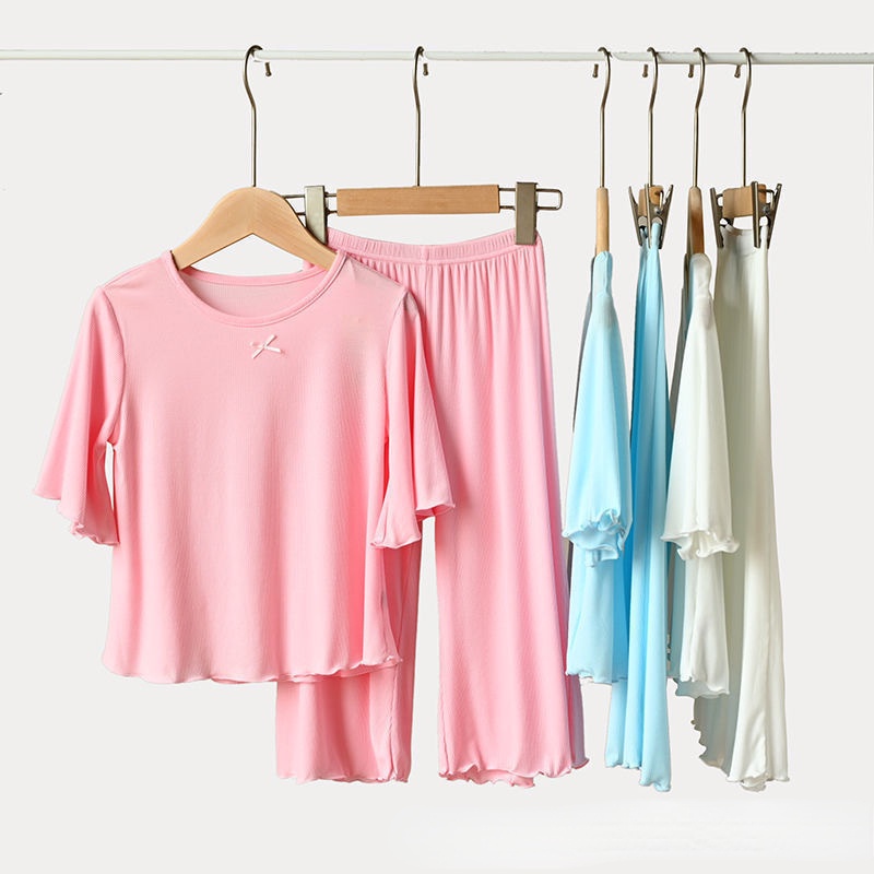 Bộ Đồ Ngủ Áo Tay Ngắn Phối Quần short Vải  Mỏng Màu Trơn Thời Trang Mùa Hè Dễ Thương Cho Bé Gái 0-7 Tuổi