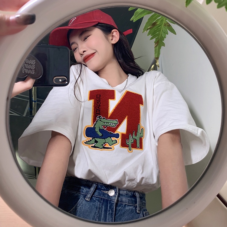 Áo Thun Tay Ngắn Cổ Tròn Thêu Họa Tiết Thời Trang Hàn Quốc Cho Nữ