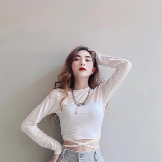 Áo Croptop Tay Dài Chéo Dây Eo Kiểu Body Gợi Cảm Nữ Màu Trắng Đen DRACR26 Mys Aloha Kill System | BigBuy360 - bigbuy360.vn