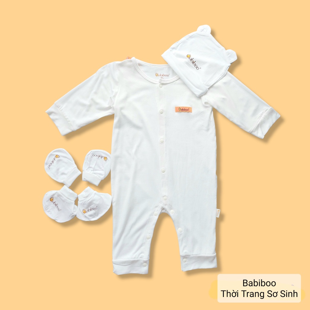 Set quần áo sơ sinh tay dài kèm nón và bao chân tay vải visco siêu mềm Babiboo cho bé