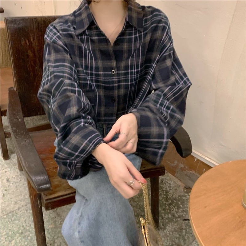 Áo Sơ Mi Caro Tay Dài Dáng Rộng Trẻ Trung Phong Cách Retro Hàn Quốc Cho Bạn Gái